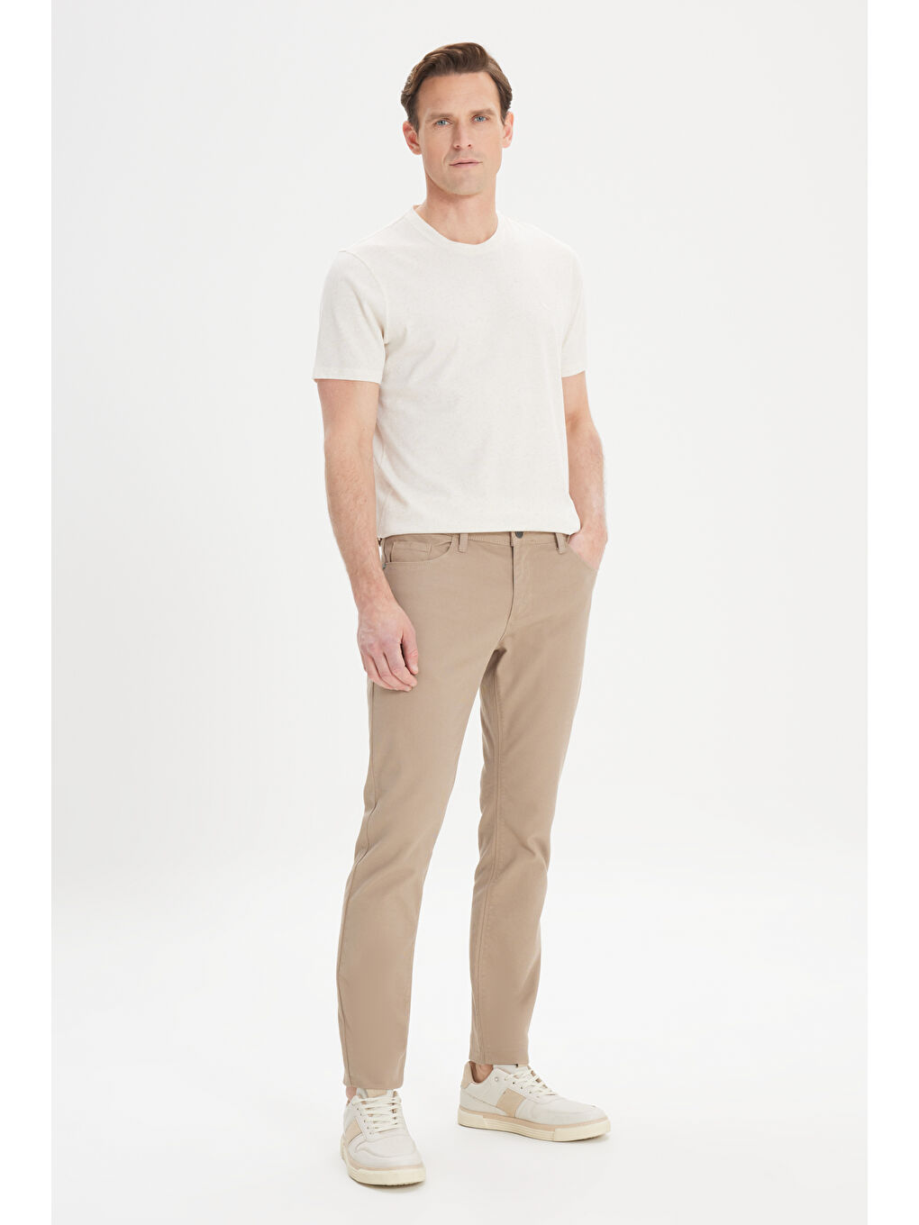 Erkek Bej Slim Fit Dar Kesim 5 Cep Armürlü Esnek Pantolon-3