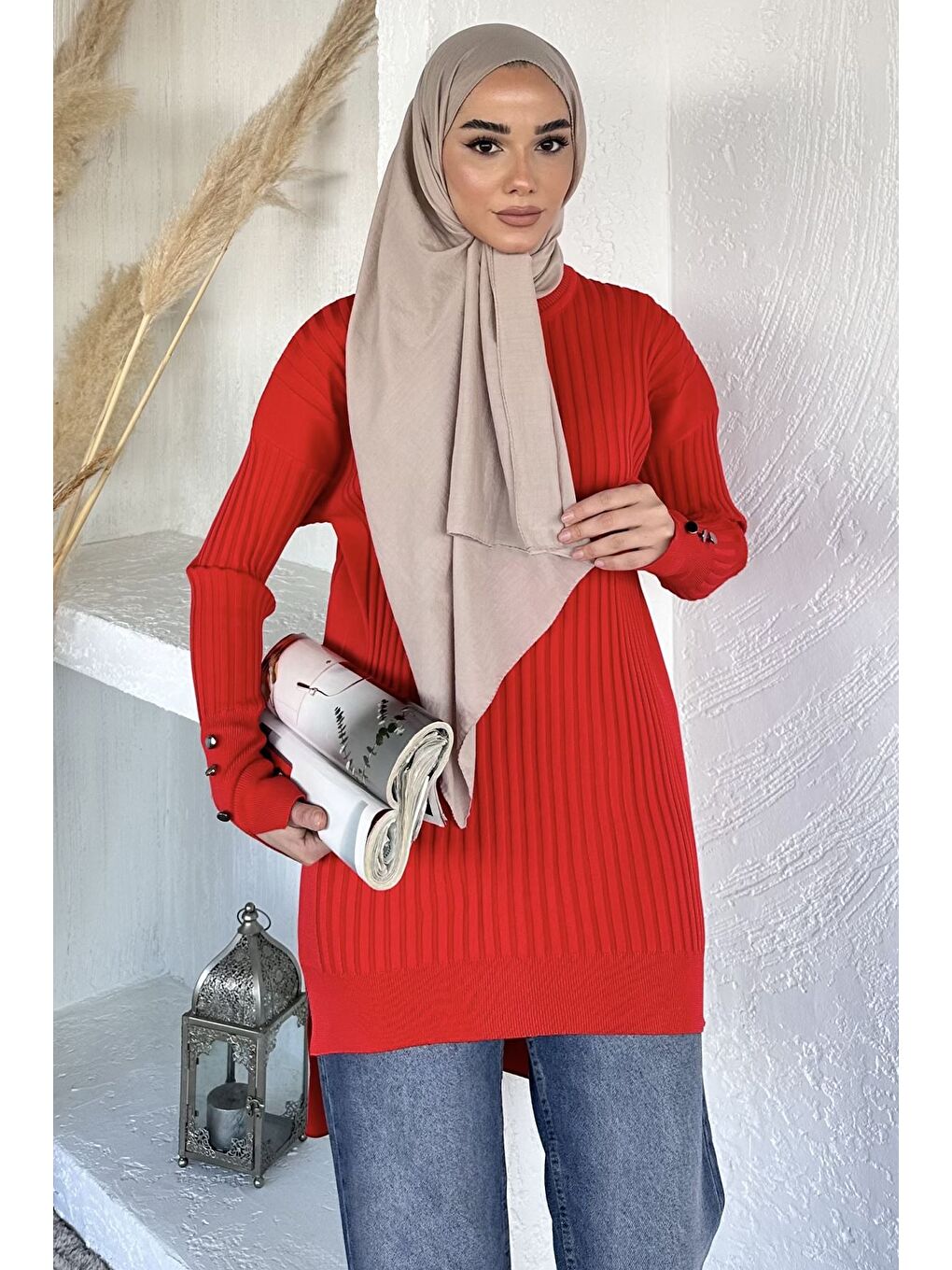 Kırmızı Gülseli Bisiklet Yaka Tesettür Triko Tunik-3