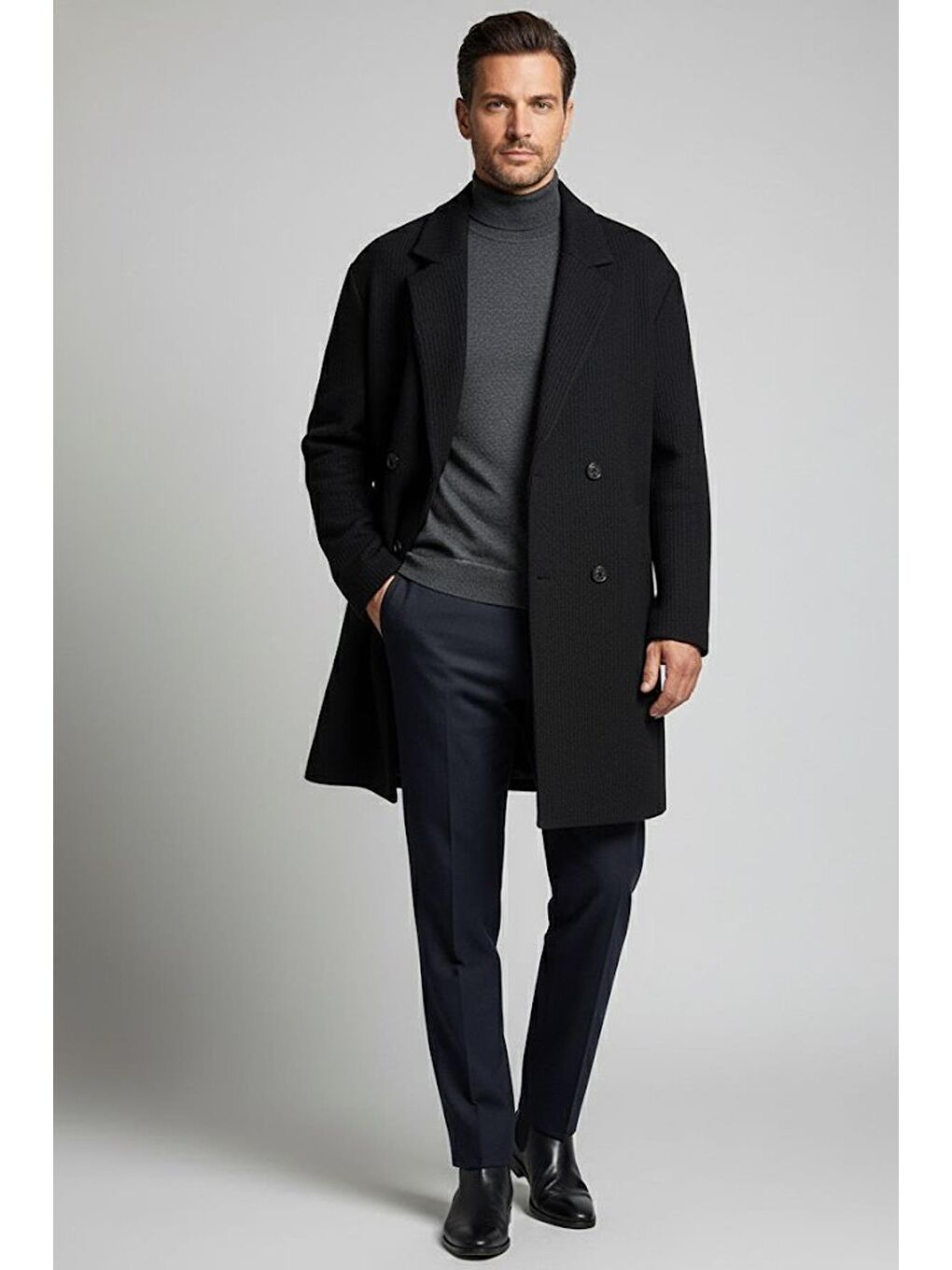 Giotelli Siyah Regular Fit Mono Yaka Yün Karışımlı Kaşe Erkek Kaban-1