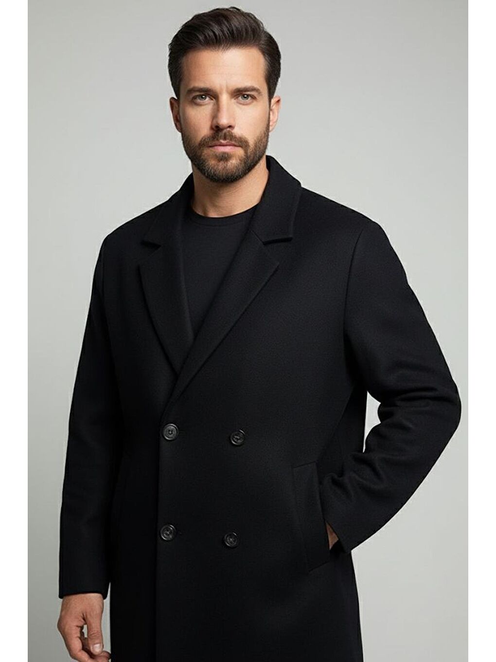 Giotelli Siyah Regular Fit Mono Yaka Yün Karışımlı Kaşe Erkek Kaban-2