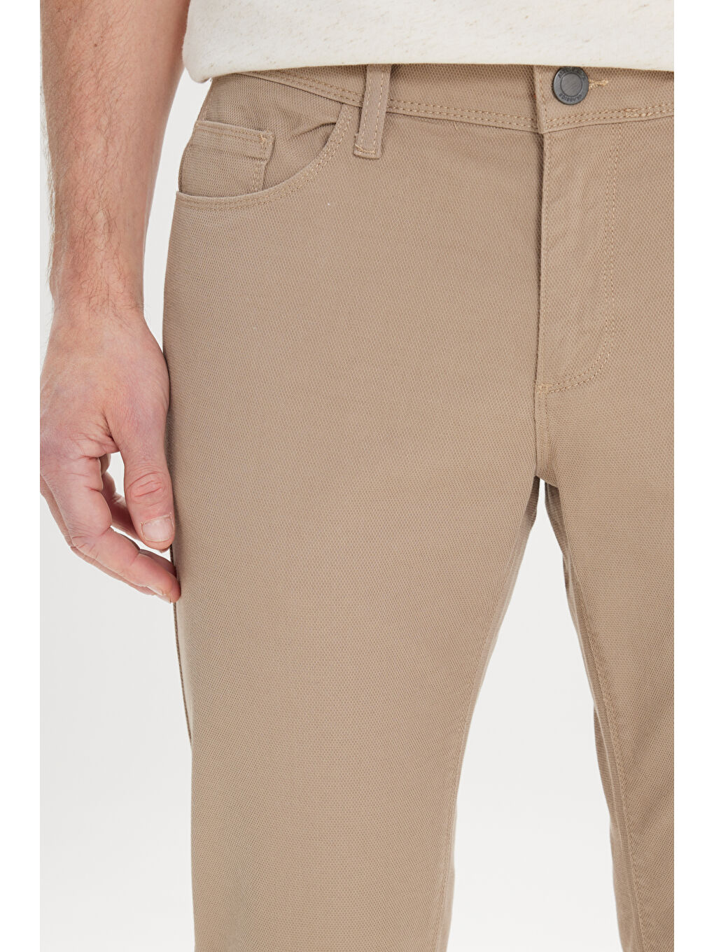 Erkek Bej Slim Fit Dar Kesim 5 Cep Armürlü Esnek Pantolon-4
