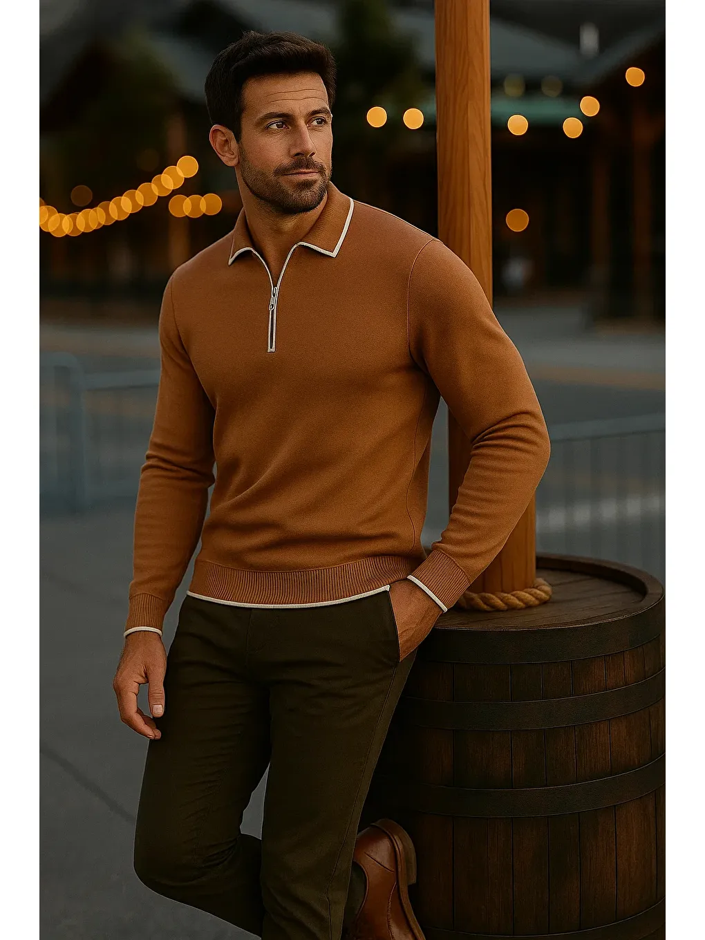 Kahverengi Erkek Günlük Uzun Kollu Kahve Polo Yaka Kazak-3