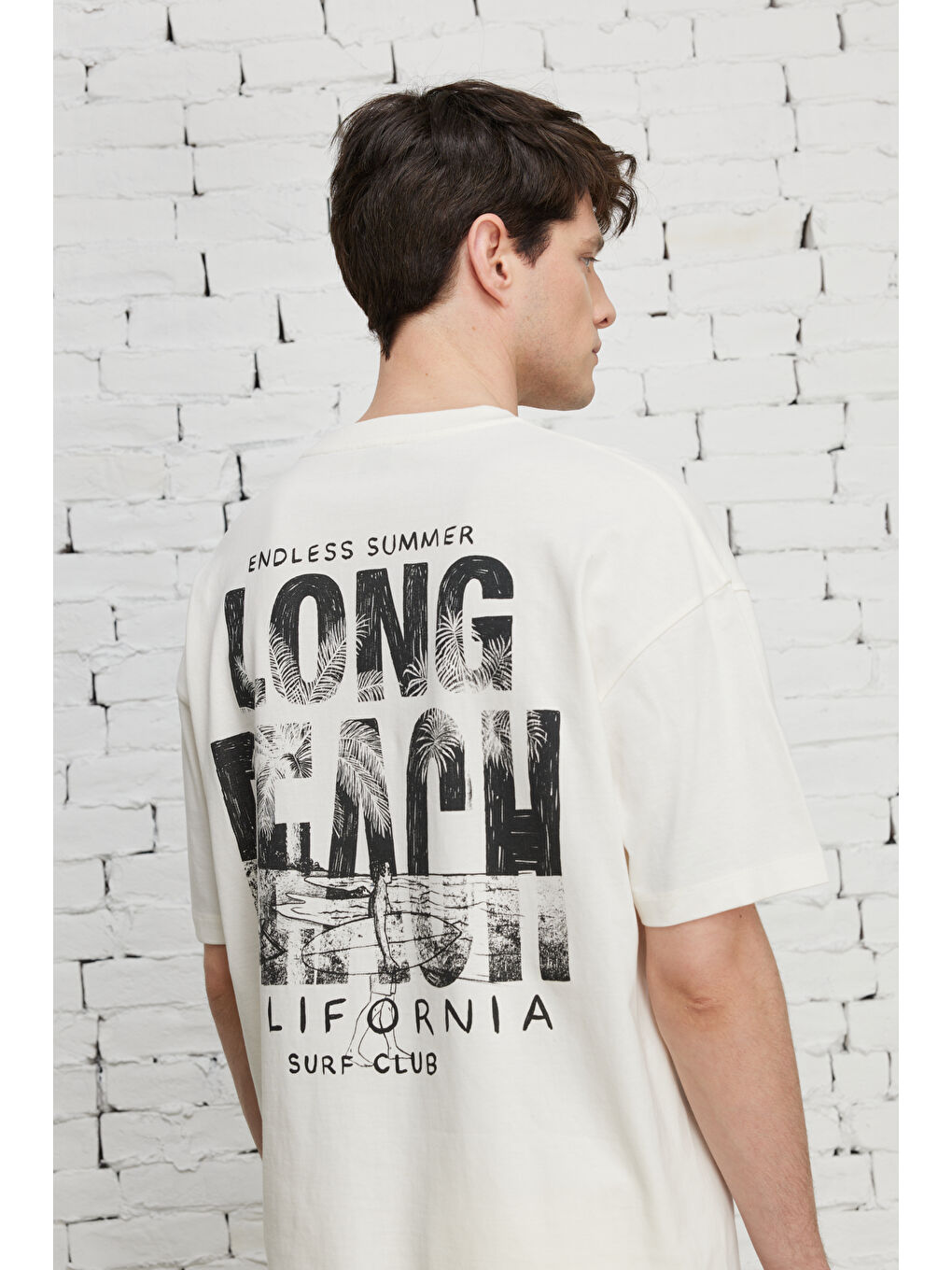 Erkek Ekru Oversize Bisiklet Yaka %100 Pamuk Baskılı Tişört