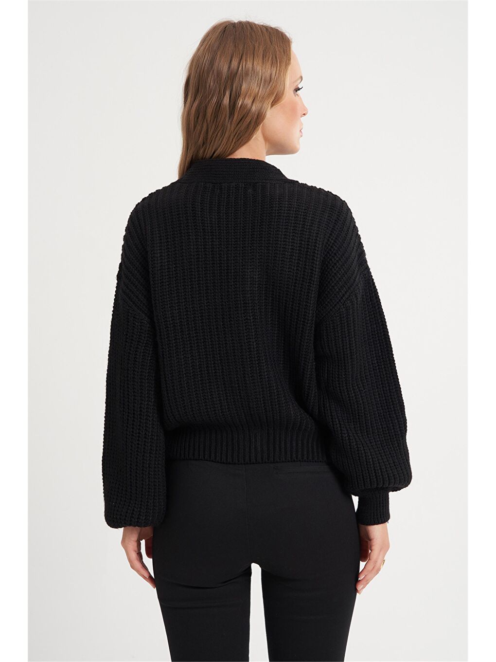 Siyah Selanik Örgü V Yaka Kalın Basic Hırka-3