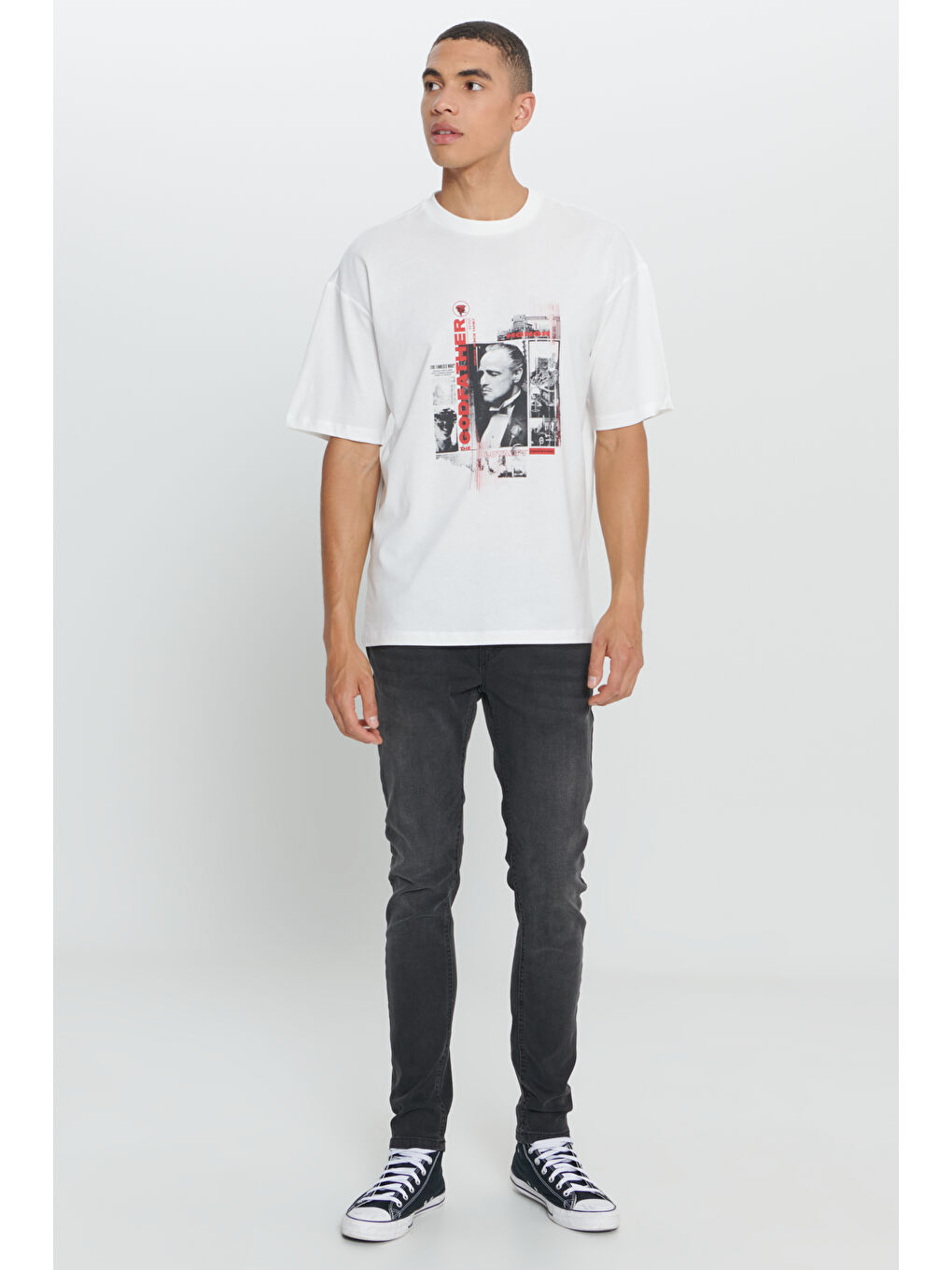 Erkek Beyaz The Godfather Lisanslı Loose Fit Bol Kesim %100 Pamuk Bisiklet Yaka Baskılı Tişört-1