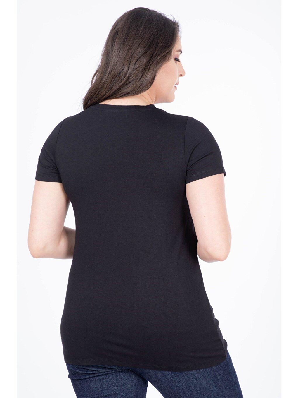 Siyah Yakası Dantel Detaylı Tişört-2