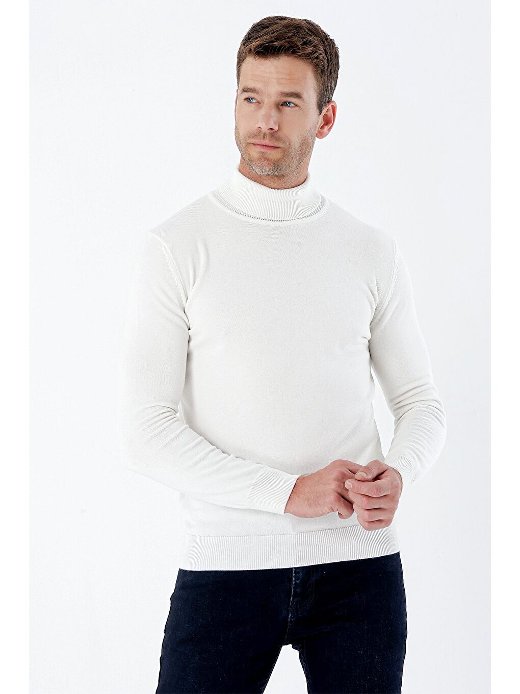 Kahverengi Açık Krem Uzun Kollu Örme Balıkçı Yaka Pamuklu Klasik Comfort Fit Triko 1012235004