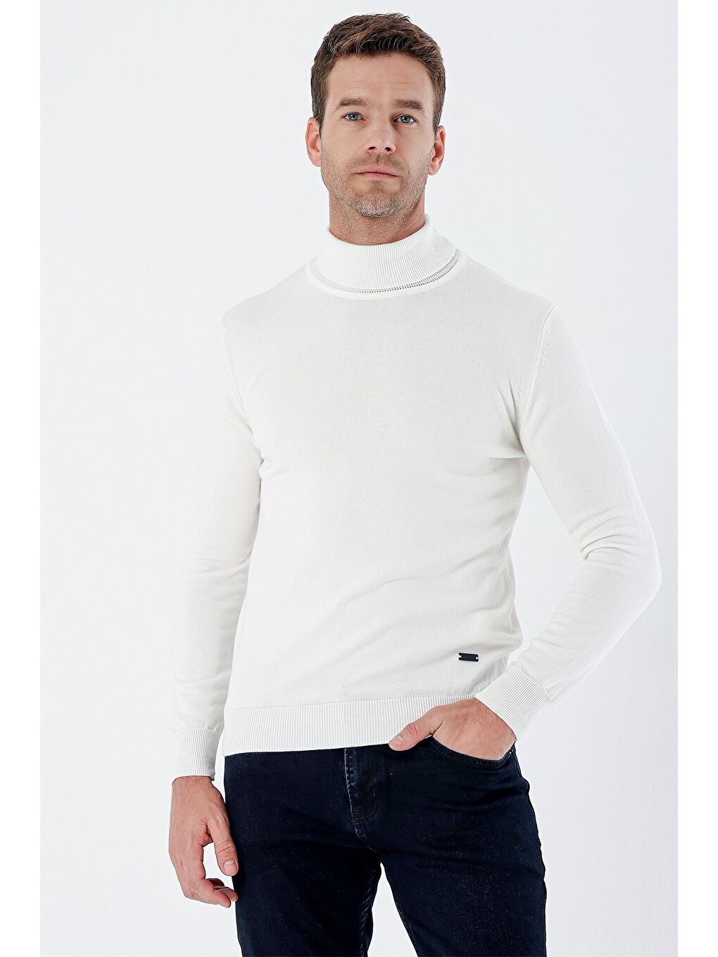 Kahverengi Açık Krem Uzun Kollu Örme Balıkçı Yaka Pamuklu Klasik Comfort Fit Triko 1012235004-1