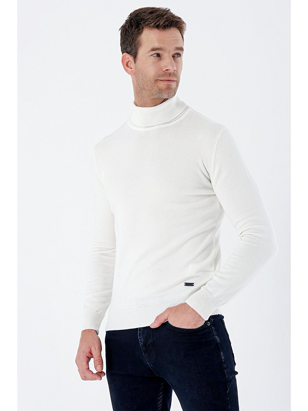 Kahverengi Açık Krem Uzun Kollu Örme Balıkçı Yaka Pamuklu Klasik Comfort Fit Triko 1012235004-2