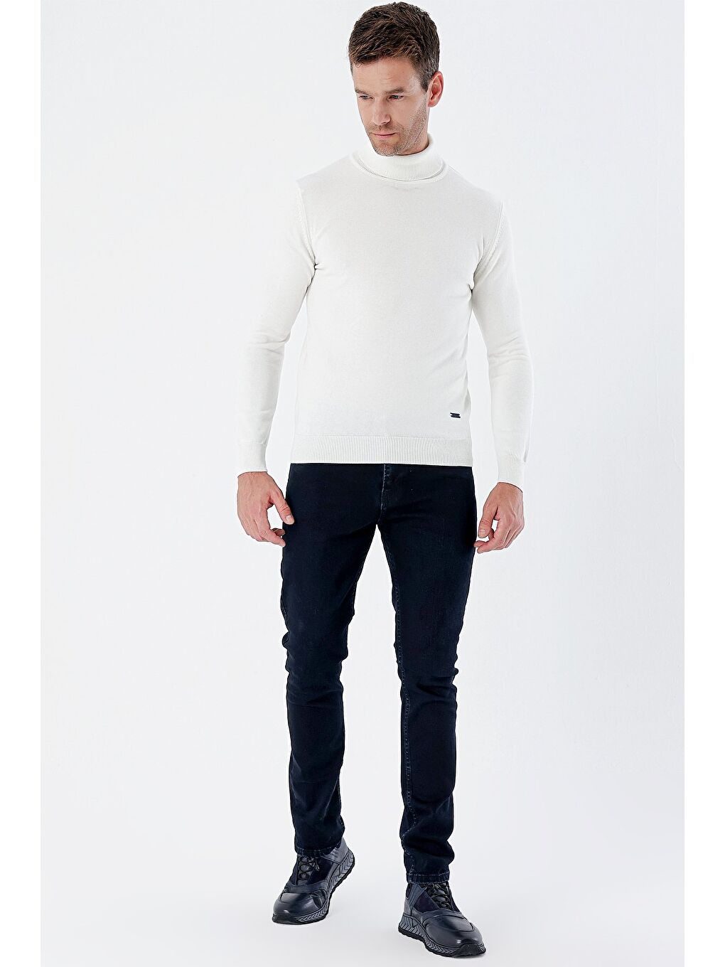 Kahverengi Açık Krem Uzun Kollu Örme Balıkçı Yaka Pamuklu Klasik Comfort Fit Triko 1012235004-3