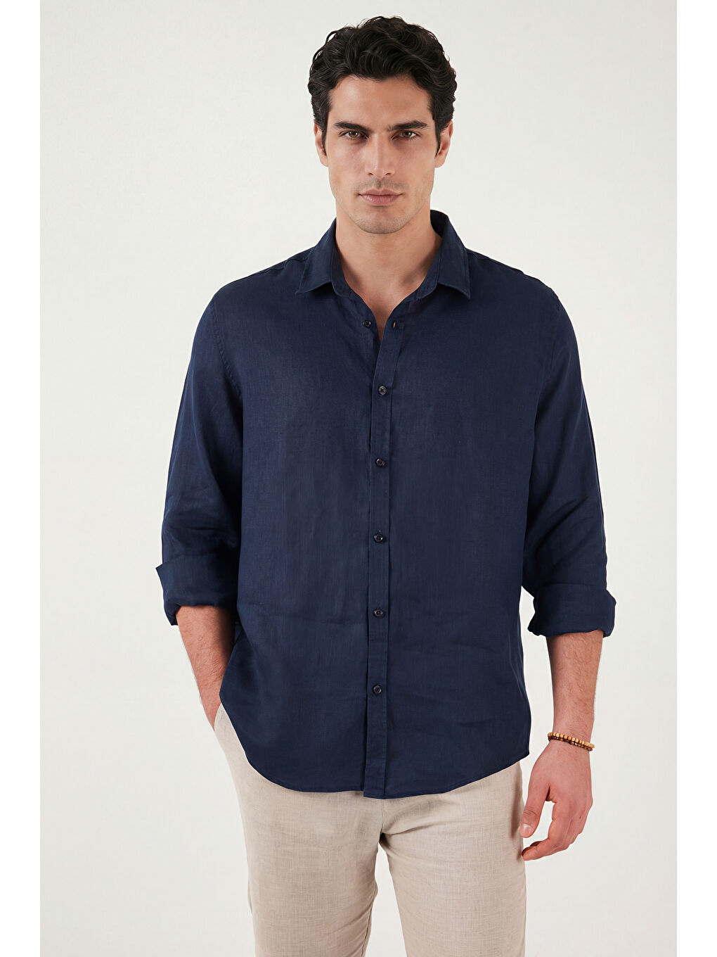 Lacivert Pamuklu Regular Fit Klasik Yaka Uzun Kollu % 100 Keten Gömlek CF26S1210000-4