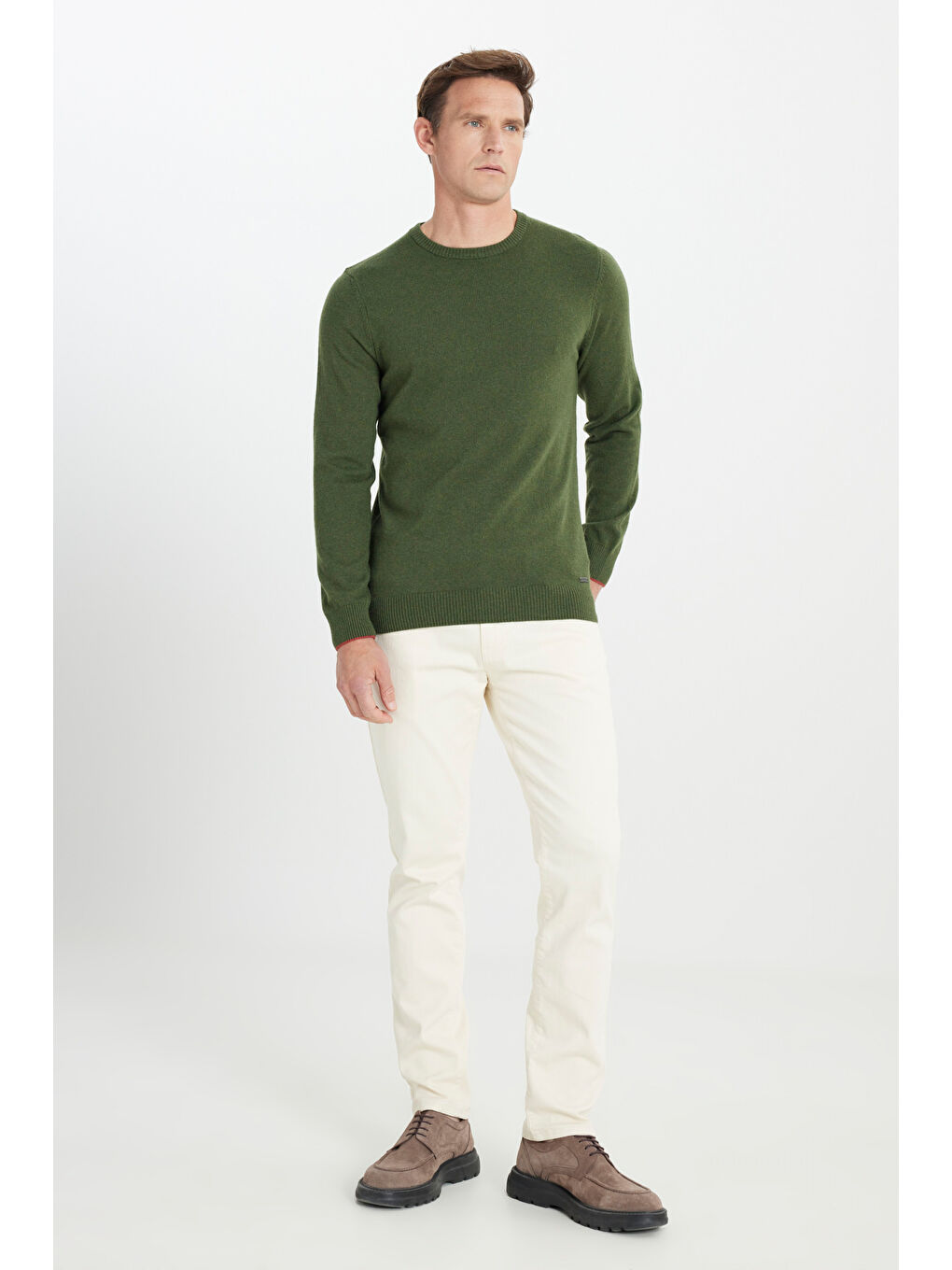 Erkek Haki Sıcak Tutan Yün Standart Fit Normal Kesim Bisiklet Yaka Triko Kazak-1