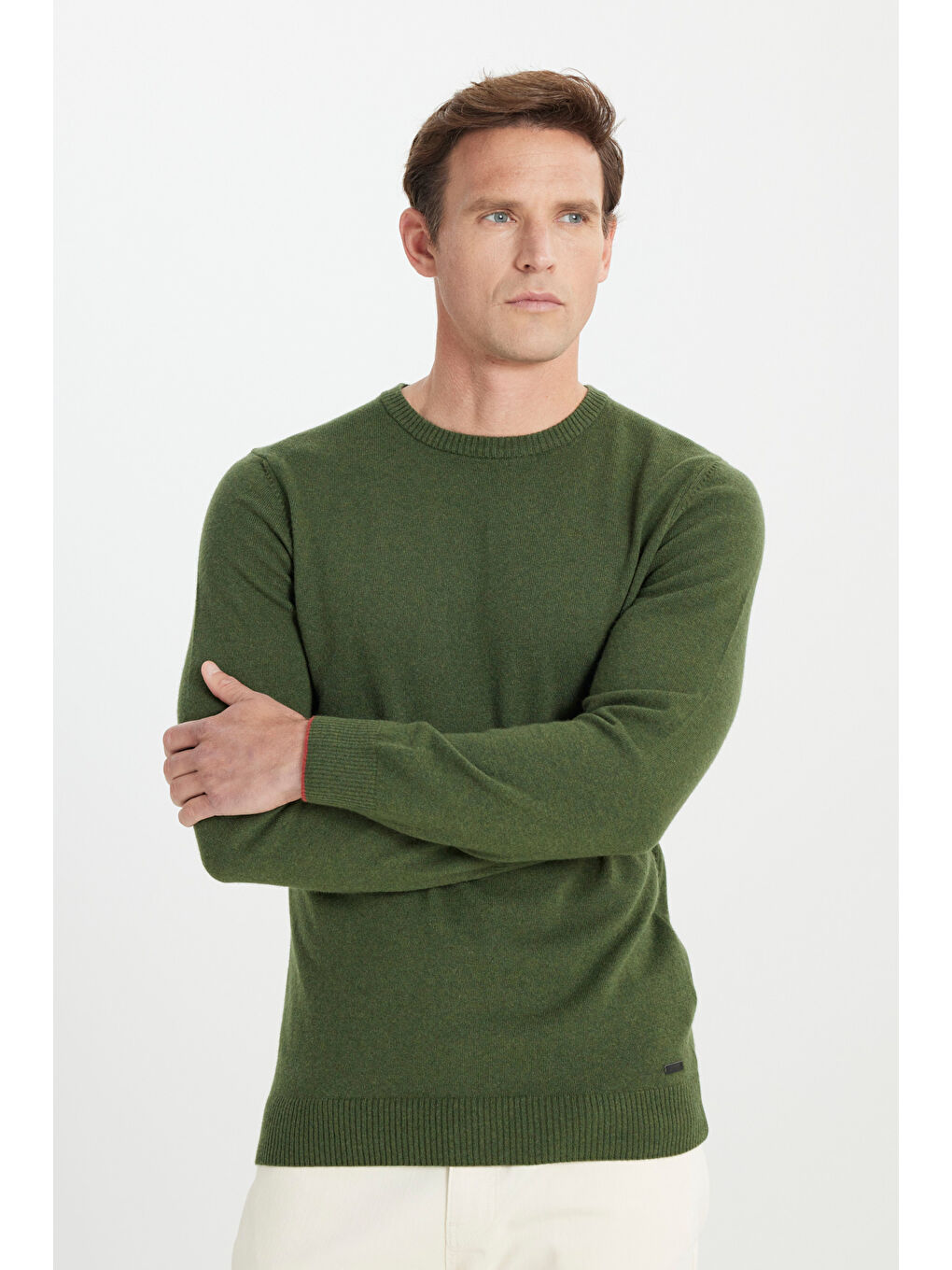 Erkek Haki Sıcak Tutan Yün Standart Fit Normal Kesim Bisiklet Yaka Triko Kazak-2