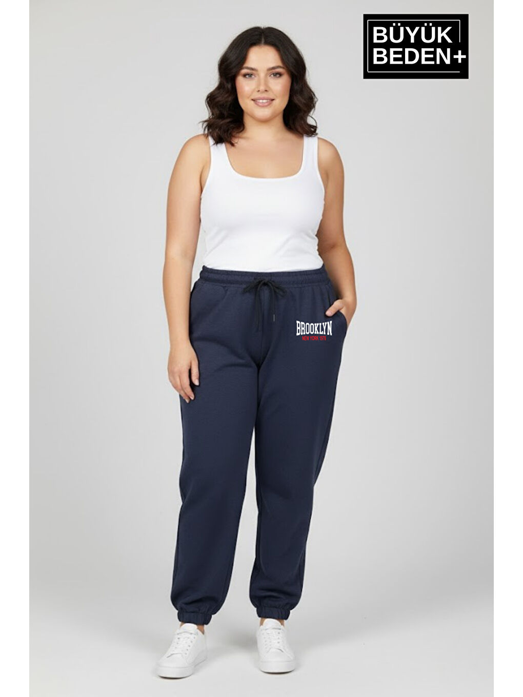 İndigo Kadın Büyük Beden BROOKLYN 1970 Baskılı Paça Lastikli Jogger İnce Eşofman Altı SPR26BEAK951-3