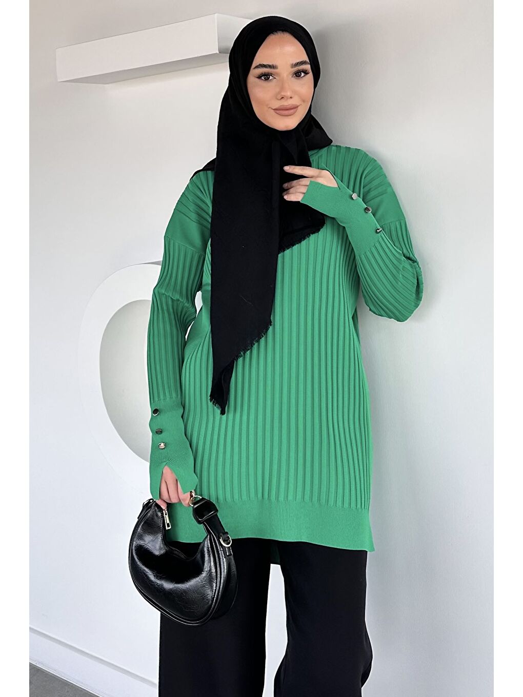 Yeşil Gülseli Bisiklet Yaka Tesettür Triko Tunik-5