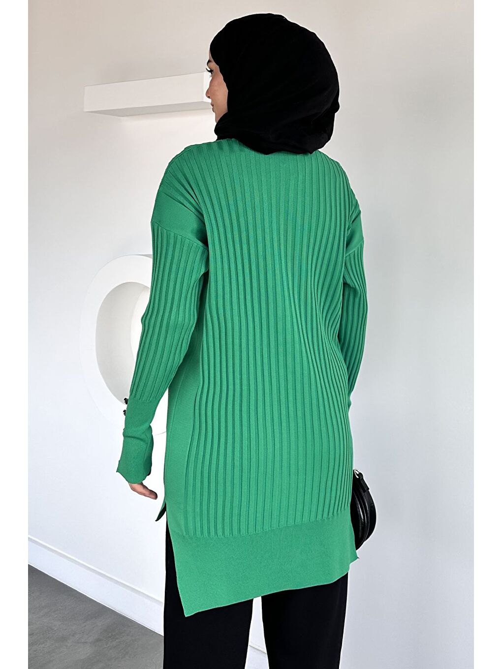 Yeşil Gülseli Bisiklet Yaka Tesettür Triko Tunik-7