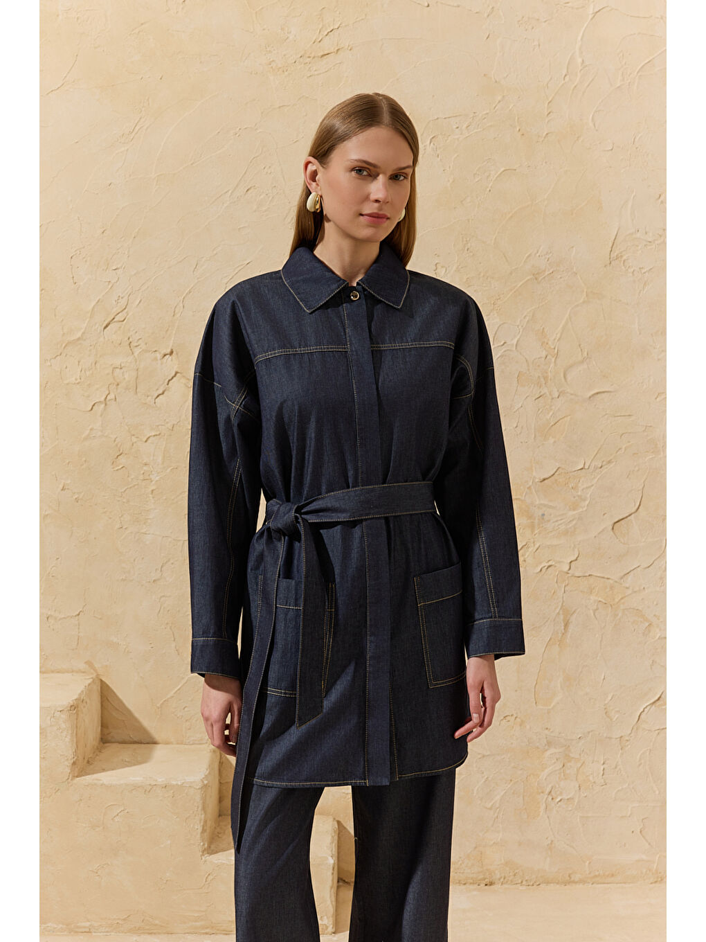 Lacivert Yıkamalı Denim Tunik-1