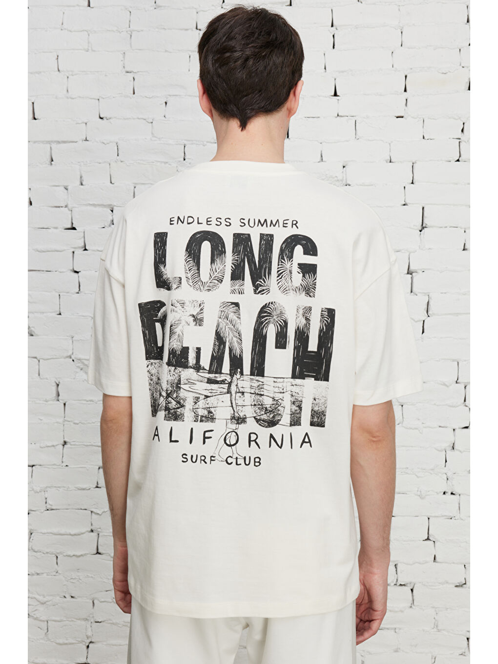 Erkek Ekru Oversize Bisiklet Yaka %100 Pamuk Baskılı Tişört-5