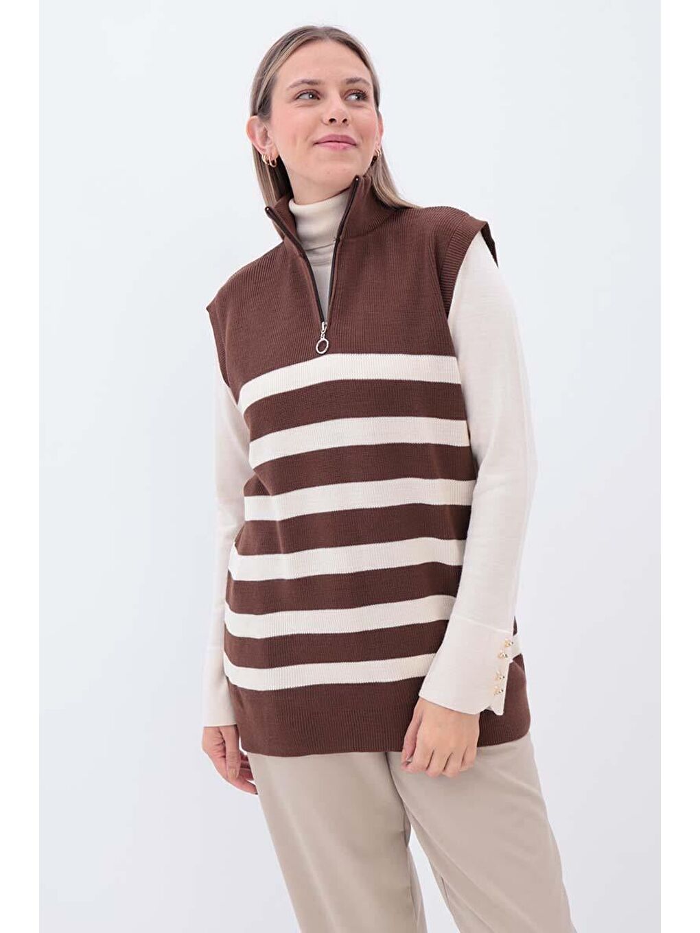 Kahverengi Kahve-Ekru-Çizgili Fermuarlı Triko Süveter