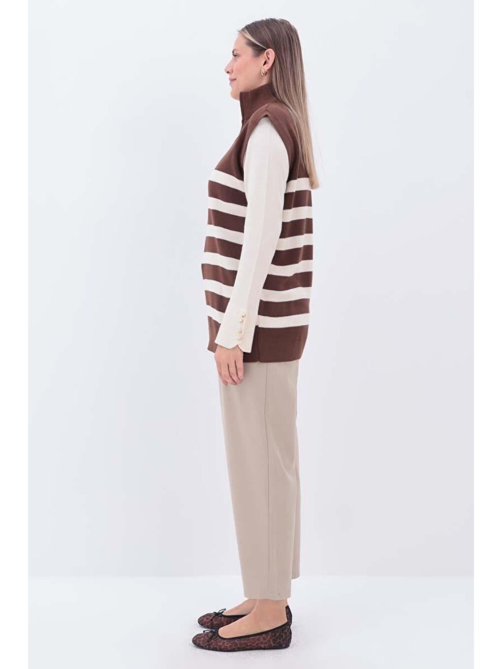 Kahverengi Kahve-Ekru-Çizgili Fermuarlı Triko Süveter-2