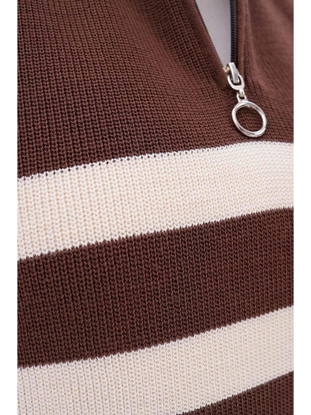 Kahverengi Kahve-Ekru-Çizgili Fermuarlı Triko Süveter-4