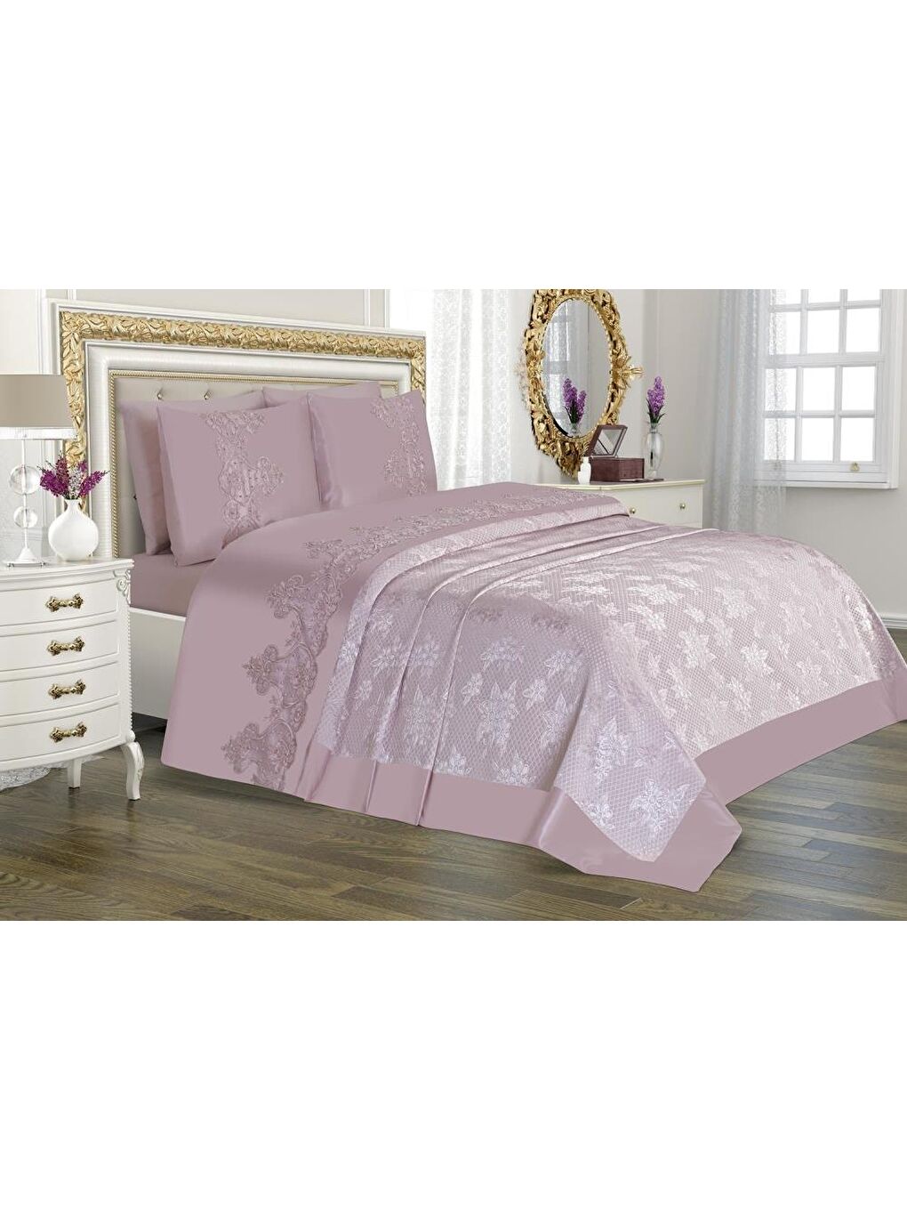 Pembe Çeyizlik Pike Takımı Dubai Sade Pudra