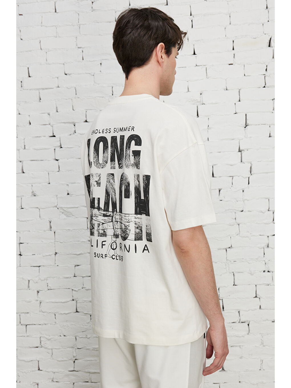 Erkek Ekru Oversize Bisiklet Yaka %100 Pamuk Baskılı Tişört-7