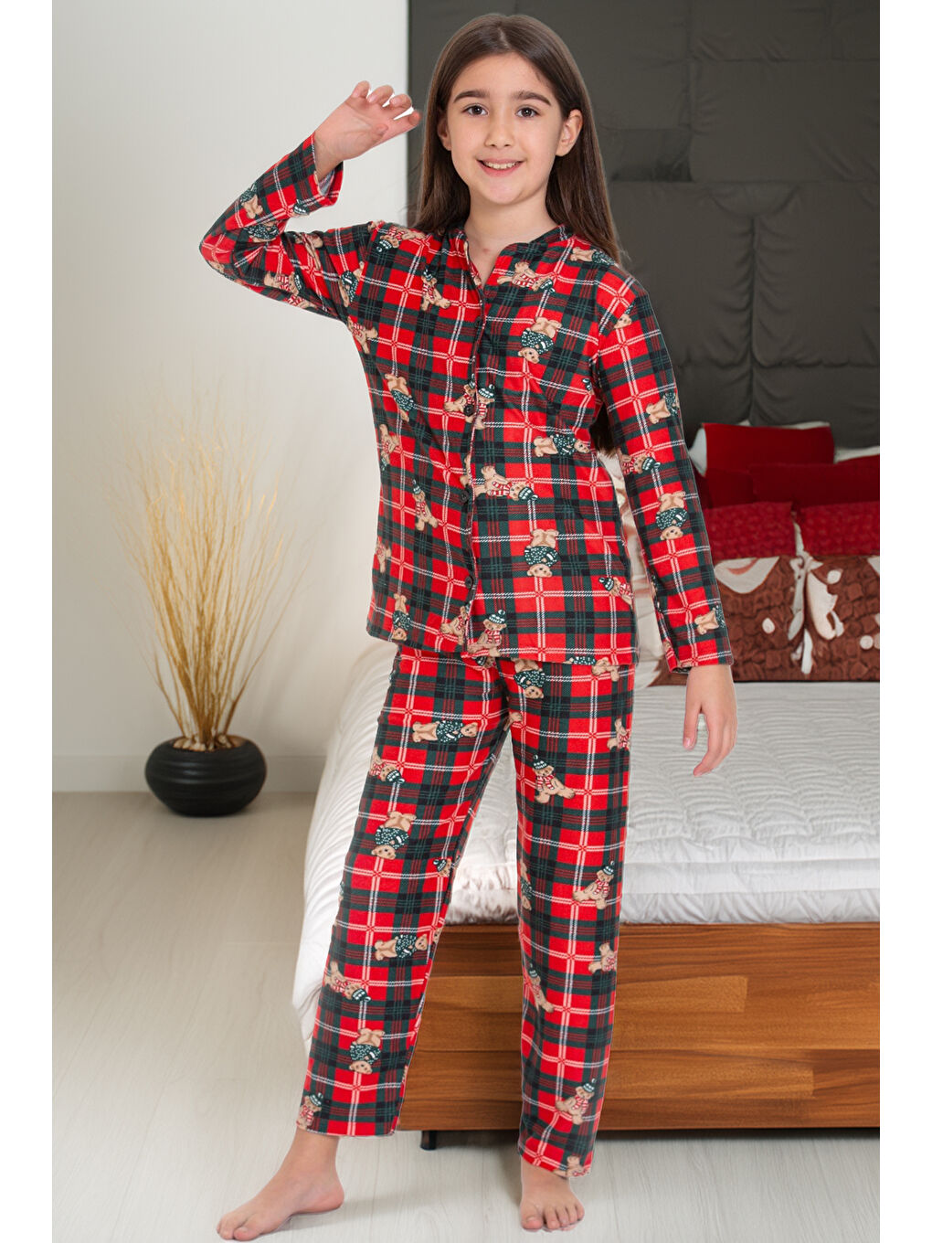 Kırmızı Kız Çocuk Ayıcık Baskılı Pijama Takımı 12157