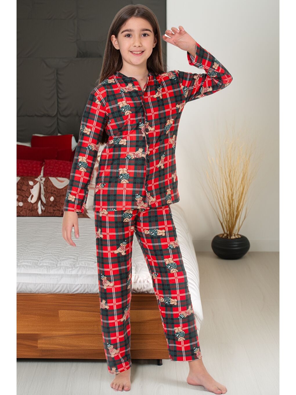 Kırmızı Kız Çocuk Ayıcık Baskılı Pijama Takımı 12157-1