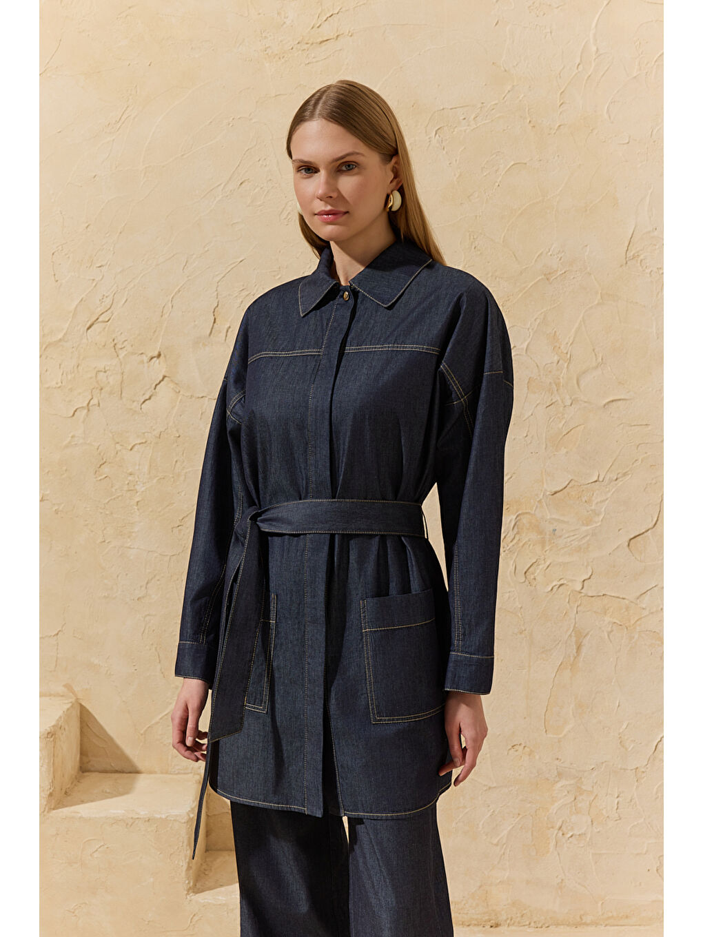 Lacivert Yıkamalı Denim Tunik-2