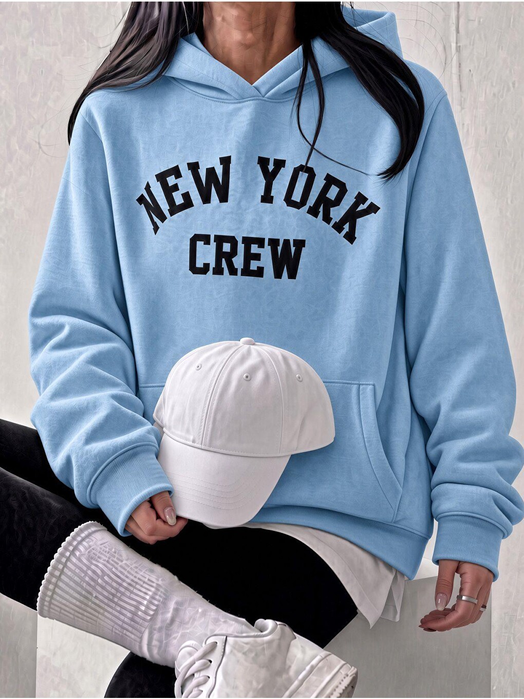 Turkuaz Sw Unisex Oversize "new York Crew" Baskılı Kapüşonlu Kanguru Cep Sweatshirt