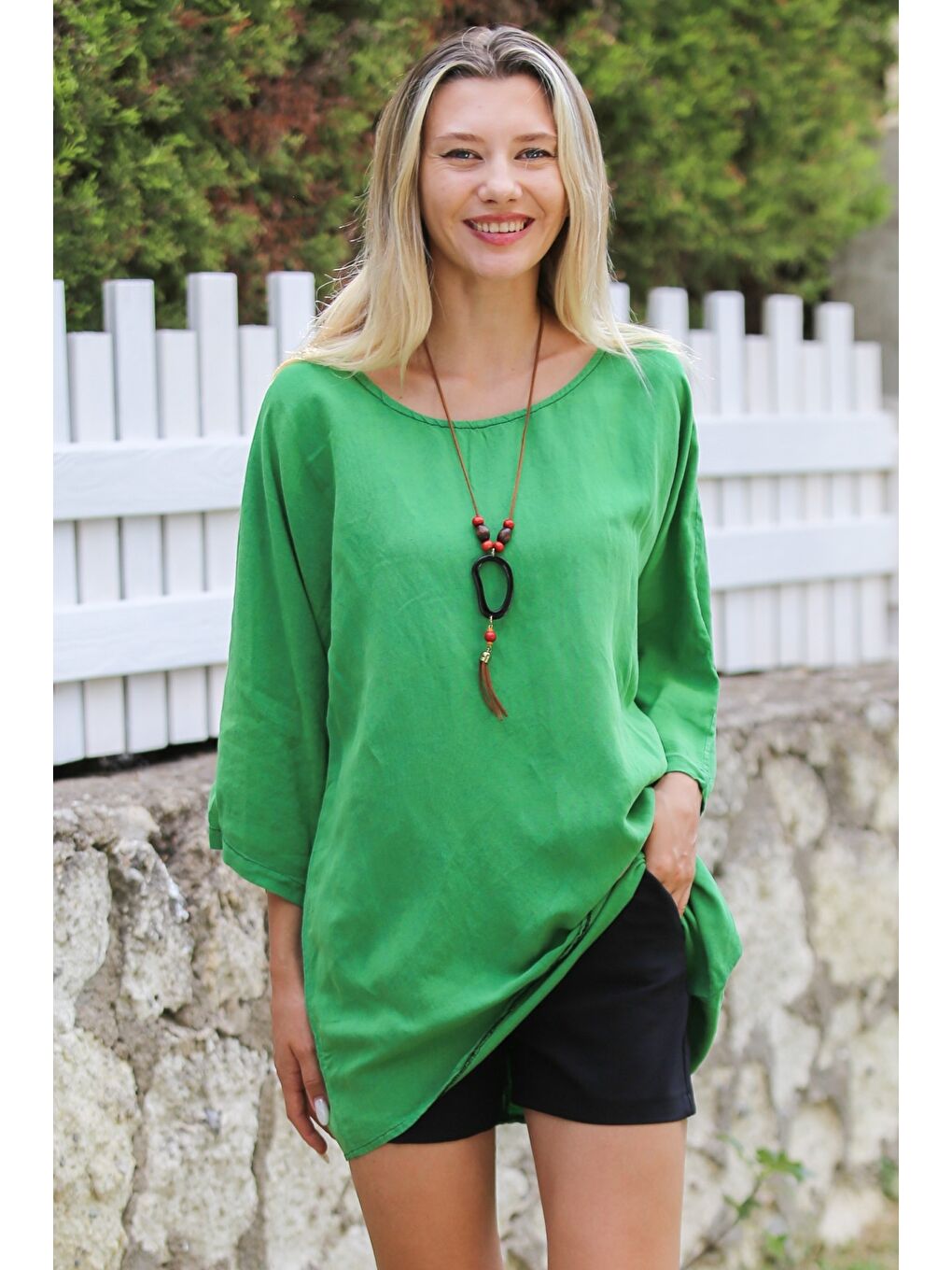 Yeşil Havuz Yaka 3/4 Kol Kolyeli Dokuma Casual Pamuk Bluz-5