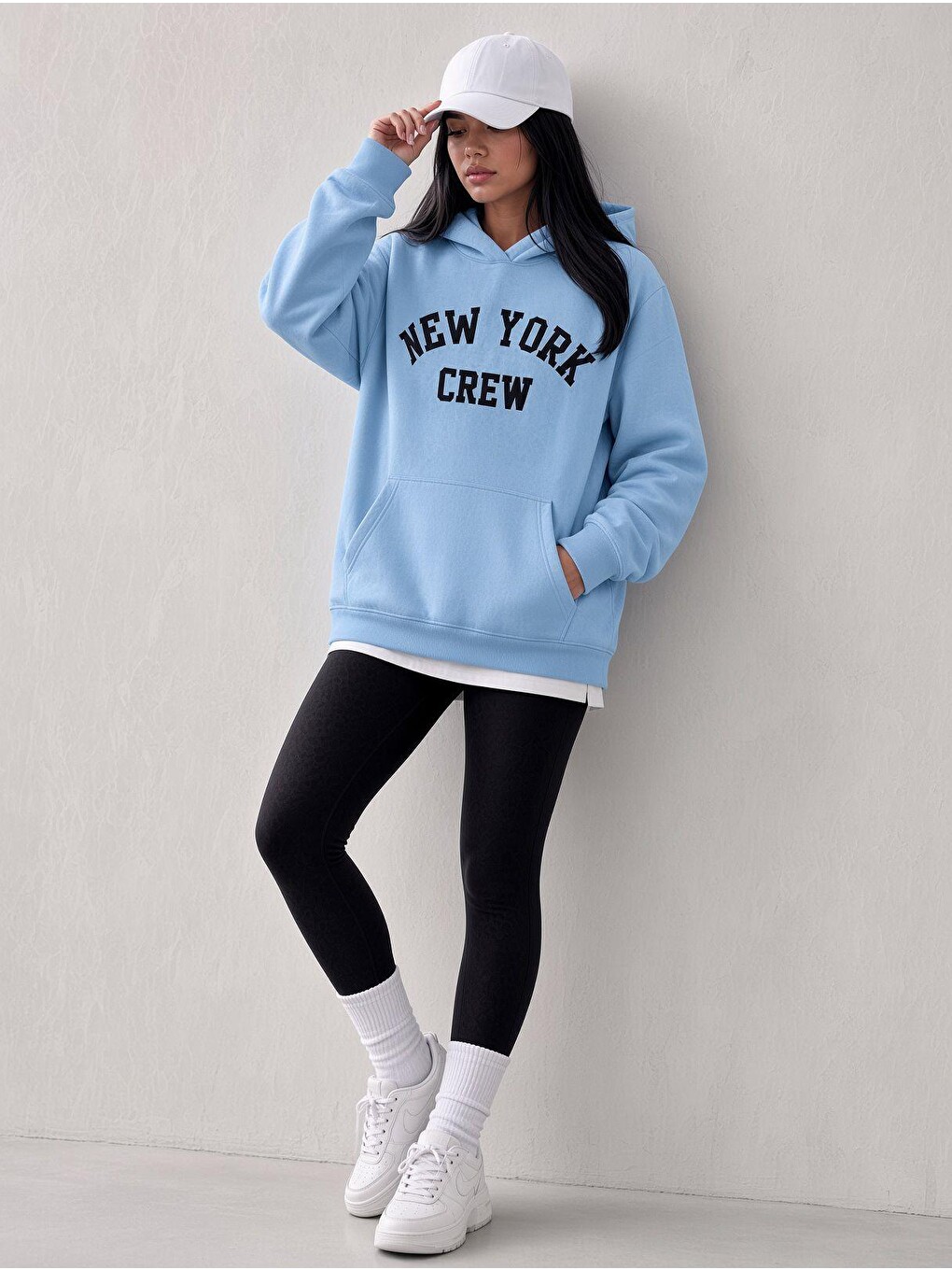 Turkuaz Sw Unisex Oversize "new York Crew" Baskılı Kapüşonlu Kanguru Cep Sweatshirt-1