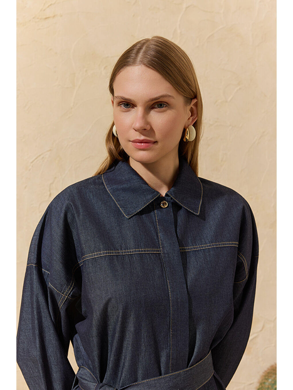 Lacivert Yıkamalı Denim Tunik-3