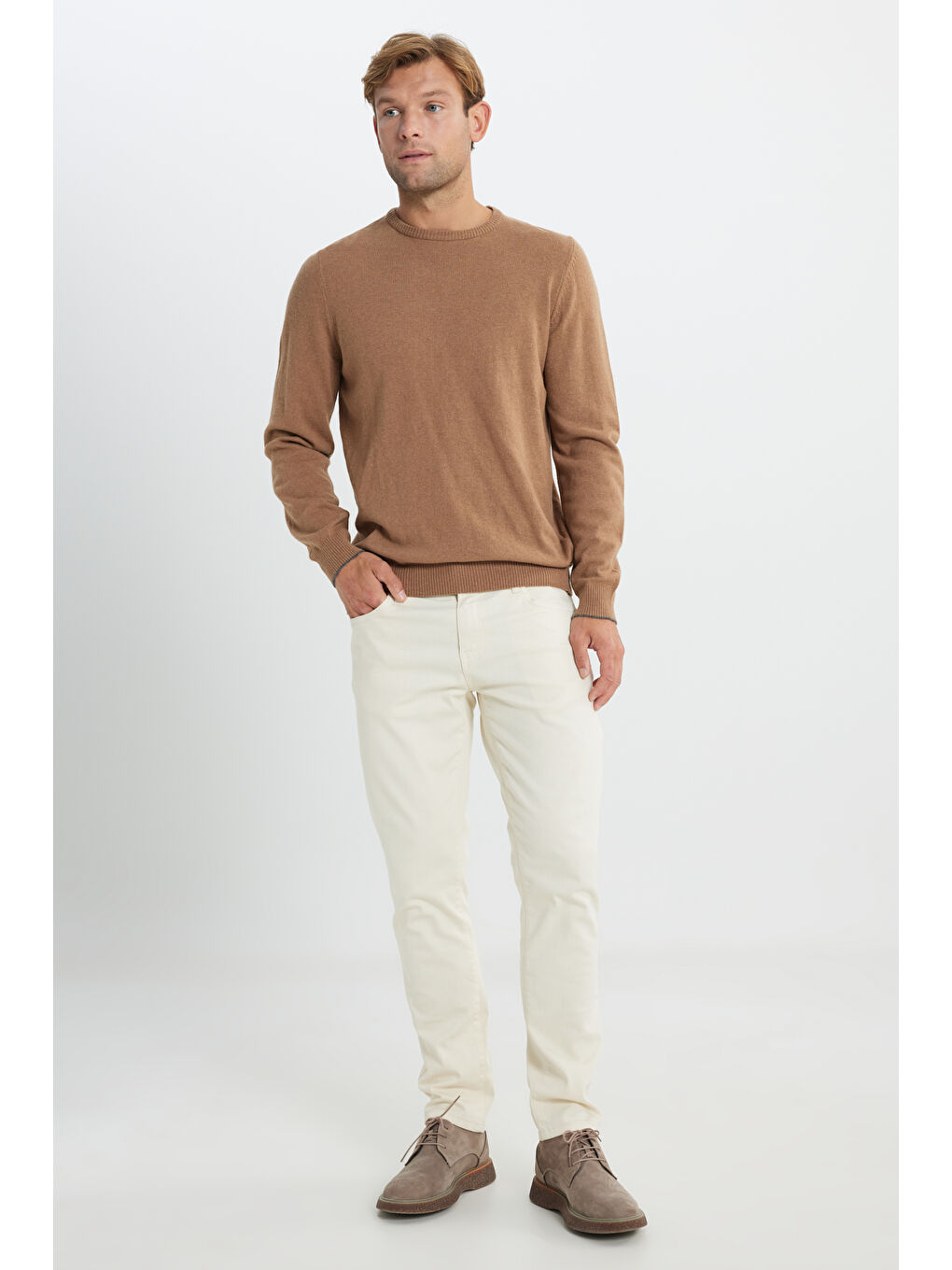 Bej Erkek Vizon Sıcak Tutan Yün Standart Fit Normal Kesim Bisiklet Yaka Triko Kazak-1