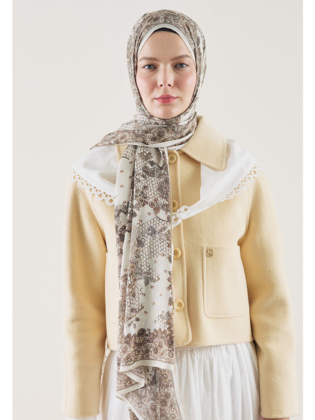 Floral Lace Desen Rami Şal Bej-1