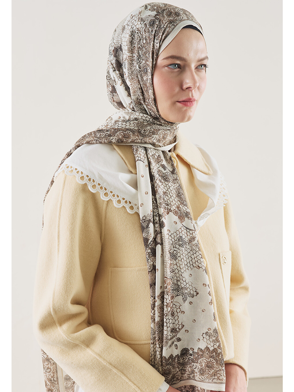 Floral Lace Desen Rami Şal Bej-2