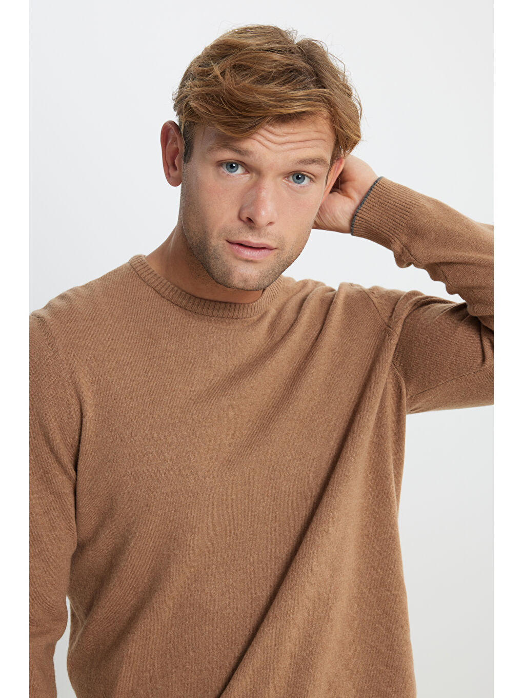 Bej Erkek Vizon Sıcak Tutan Yün Standart Fit Normal Kesim Bisiklet Yaka Triko Kazak-4