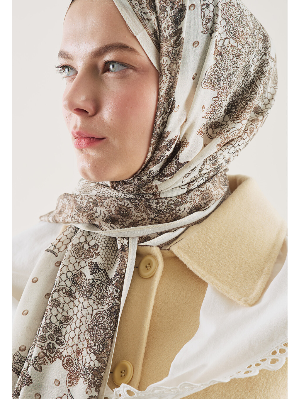Floral Lace Desen Rami Şal Bej-3