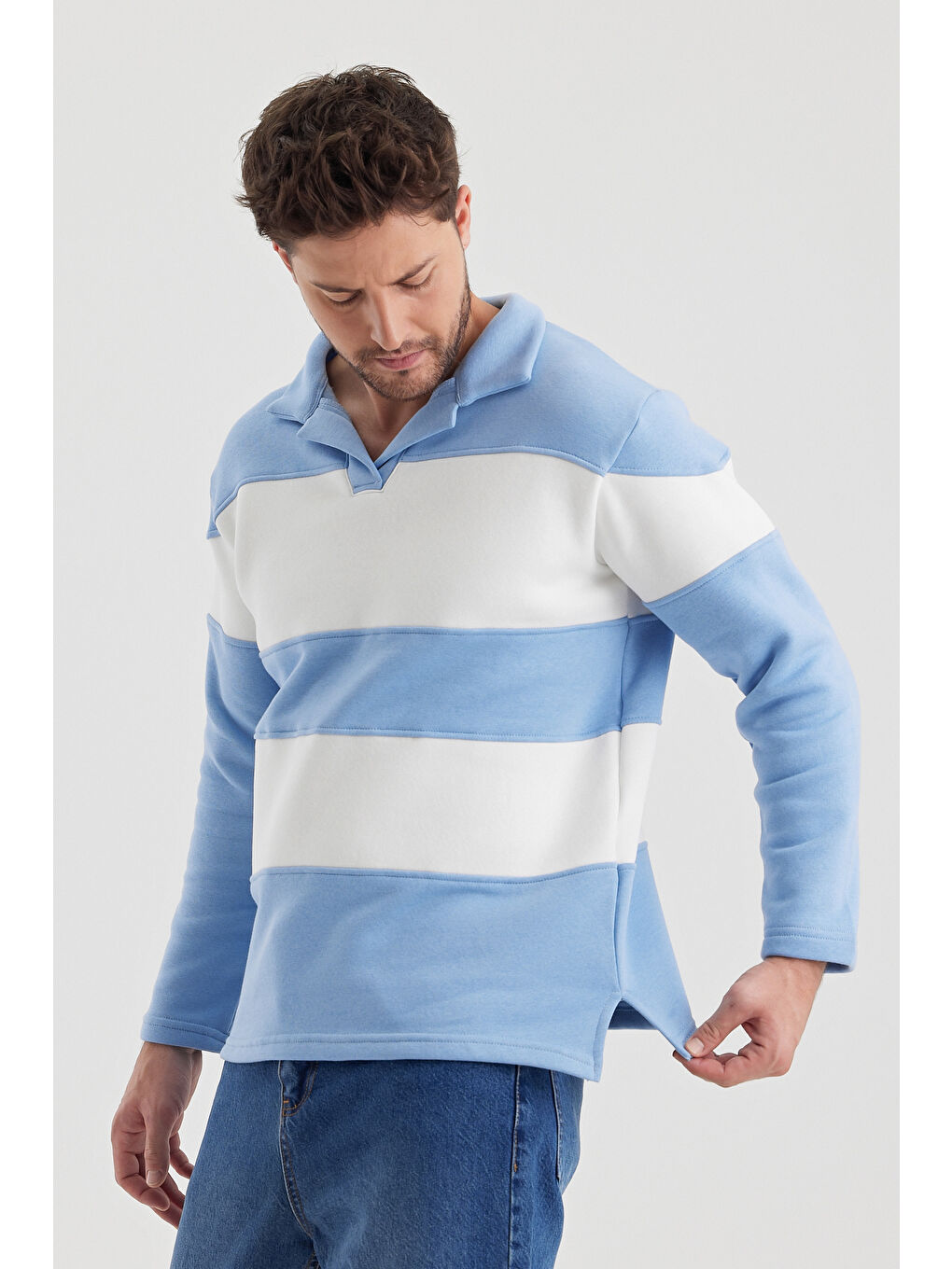 Tarz Cool Mavi Erkek Regular Fit Renk Bloklu Polo Yaka Sweatshirt - 3