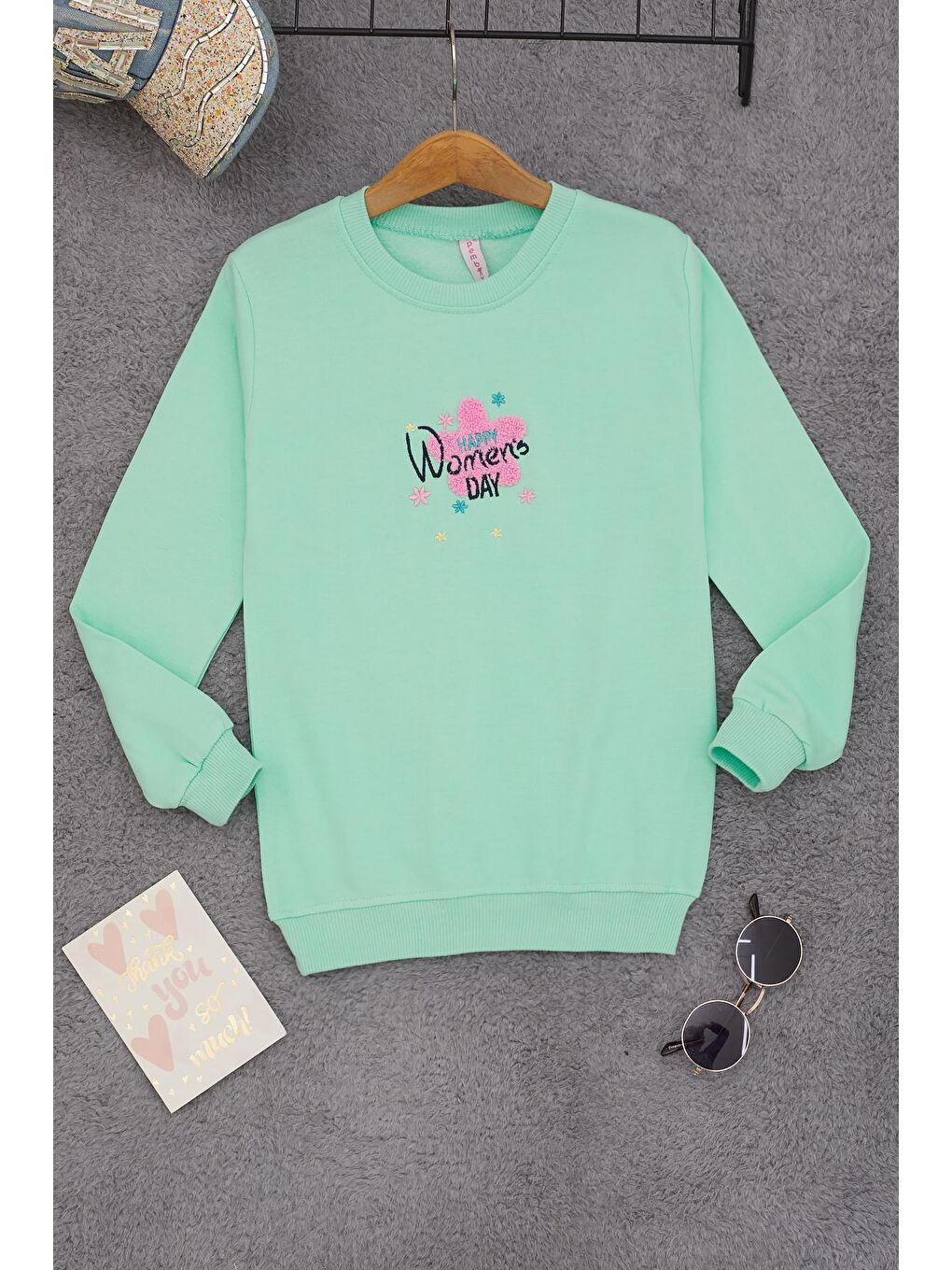 Yeşil Çiçek Nakışlı Kız Çocuk Kız Çocuk Sweatshirt 17192-2