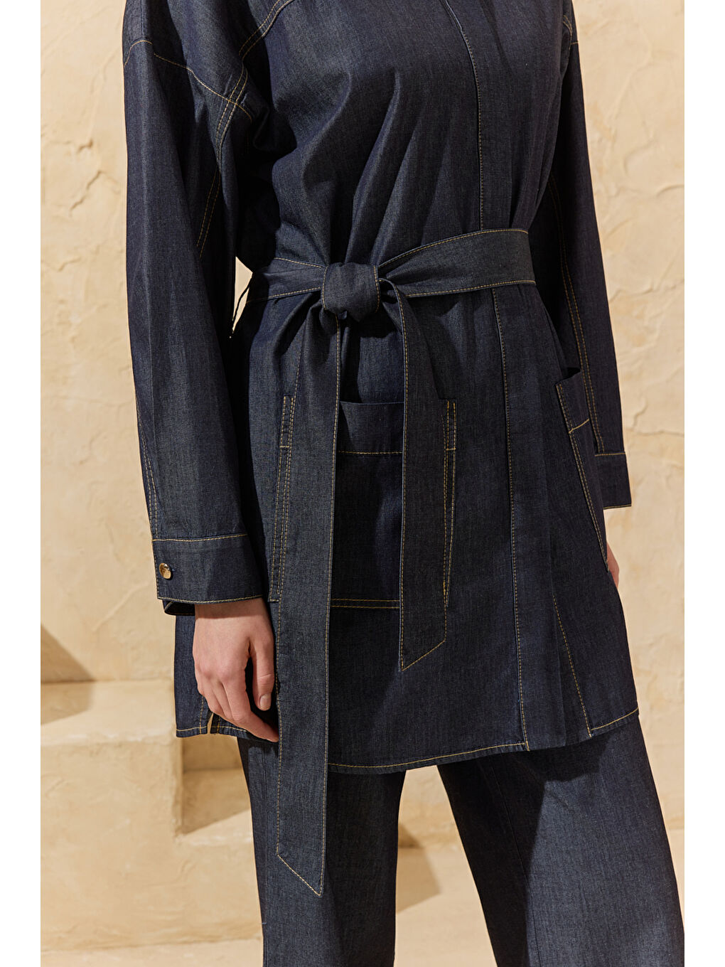 Lacivert Yıkamalı Denim Tunik-4