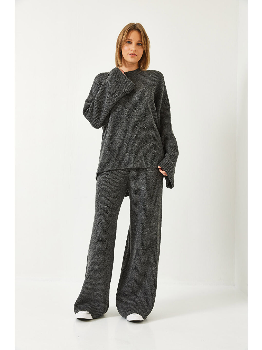 Antrasit Kadın Şardonlu Kol Detaylı Triko Alt Üst Takım-1