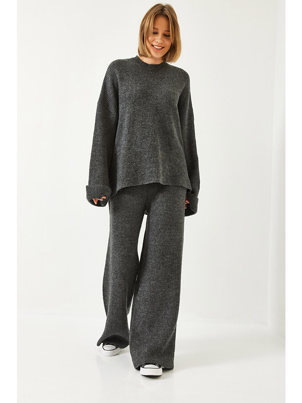Antrasit Kadın Şardonlu Kol Detaylı Triko Alt Üst Takım-2