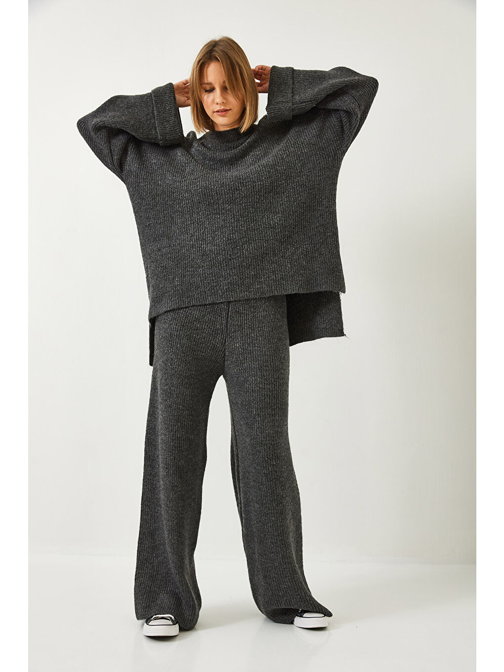 Antrasit Kadın Şardonlu Kol Detaylı Triko Alt Üst Takım-4