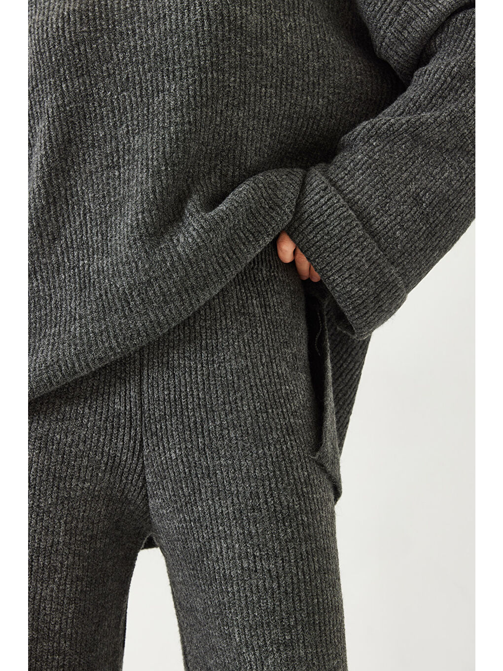 Antrasit Kadın Şardonlu Kol Detaylı Triko Alt Üst Takım-5