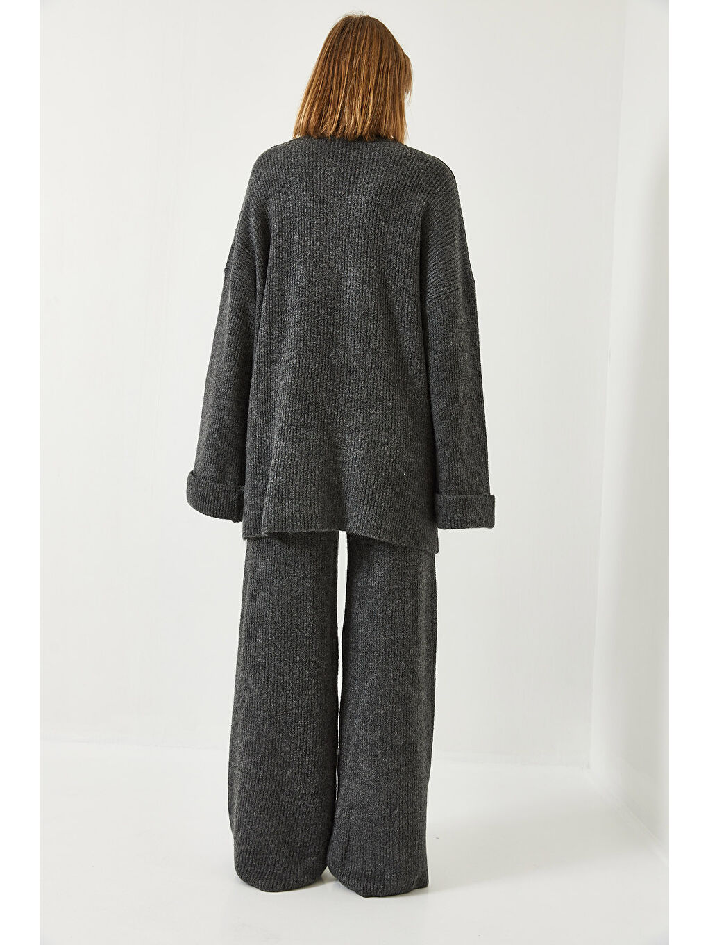 Antrasit Kadın Şardonlu Kol Detaylı Triko Alt Üst Takım-6