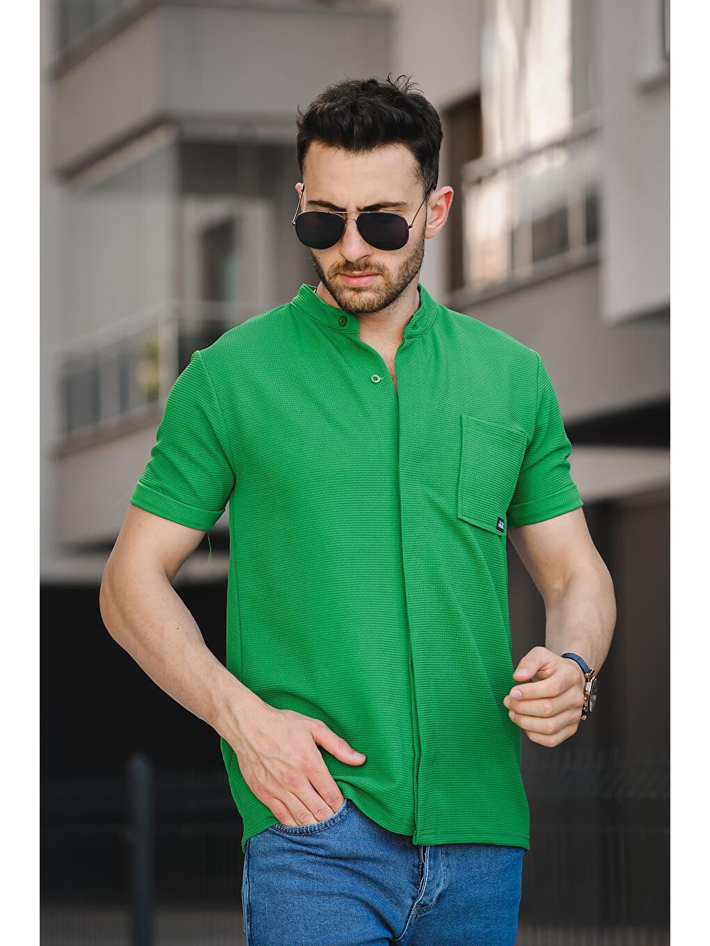 Yeşil Dennie Tek Cep Waffle Kumaş Slim Kısa Kol Hakim Yaka Erkek Gömlek