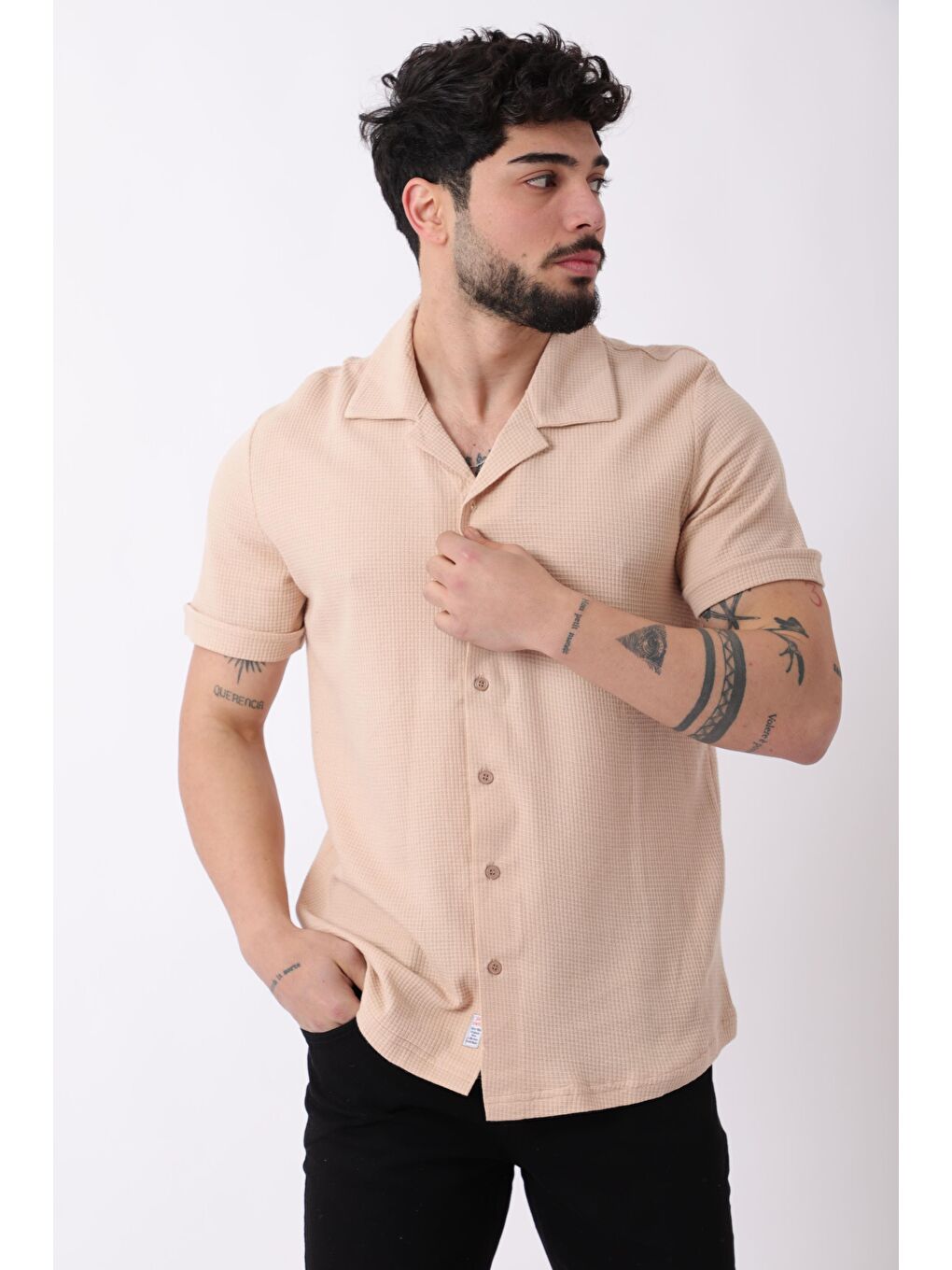 Bej Waffle Desen Kısa Kol Gömlek JS C-157_40360