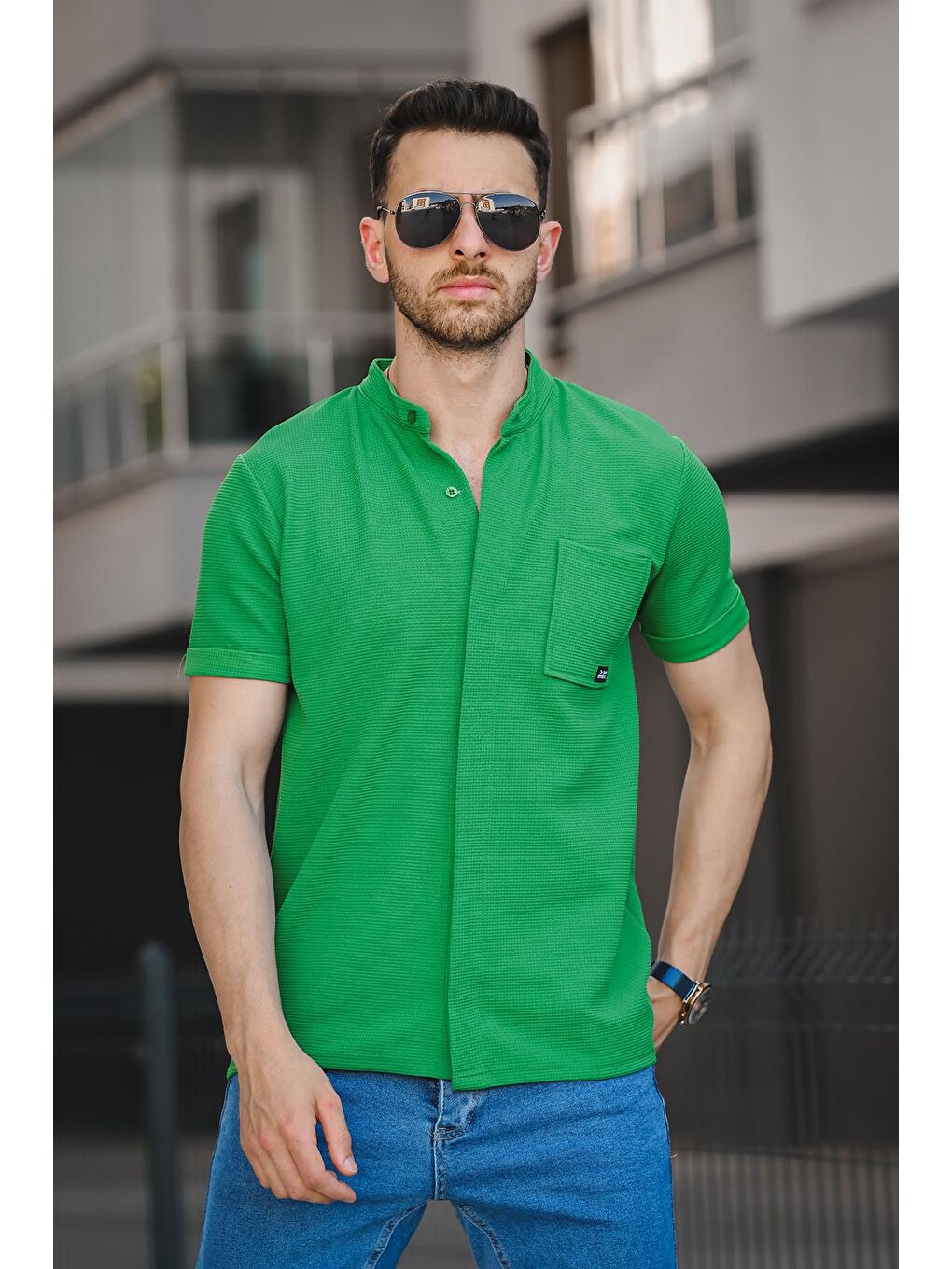 Yeşil Dennie Tek Cep Waffle Kumaş Slim Kısa Kol Hakim Yaka Erkek Gömlek-1